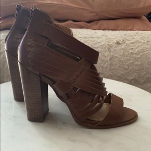 Cognac Caged Block Heel Sandals